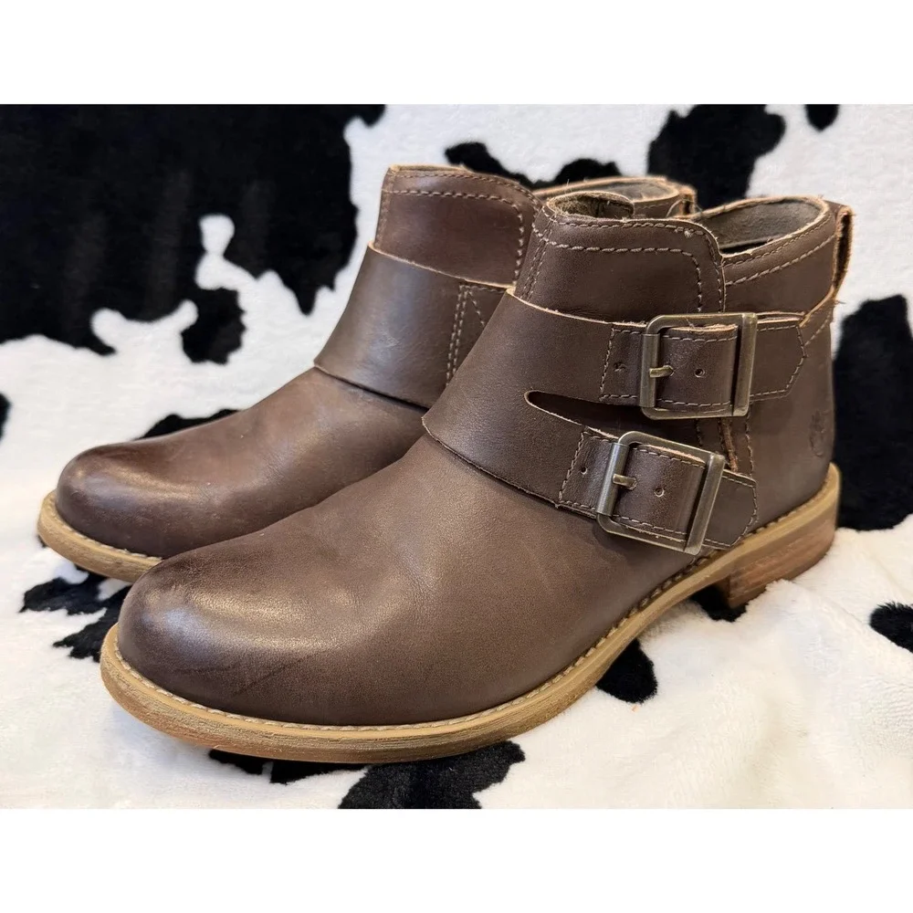 Timberland EarthKeepers Dark Brown Leather Double Buckle Moto Ankle Boots Size 6